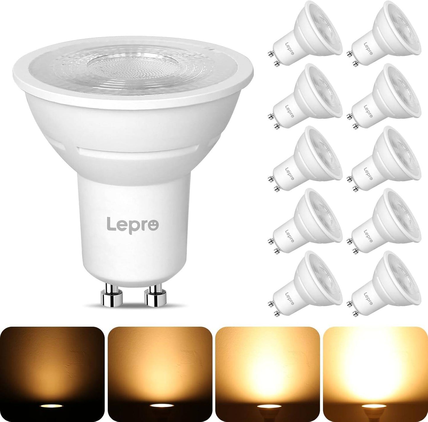 Lepro GU10 LED Bulbs Dimmable, Warm White 2700K, 4.5W 345lm, 50W Halogen Spotlight Bulb Equivalent, 38° Narrow Beam, Energy Saving GU10 LED Light Bulbs, Pack of 10