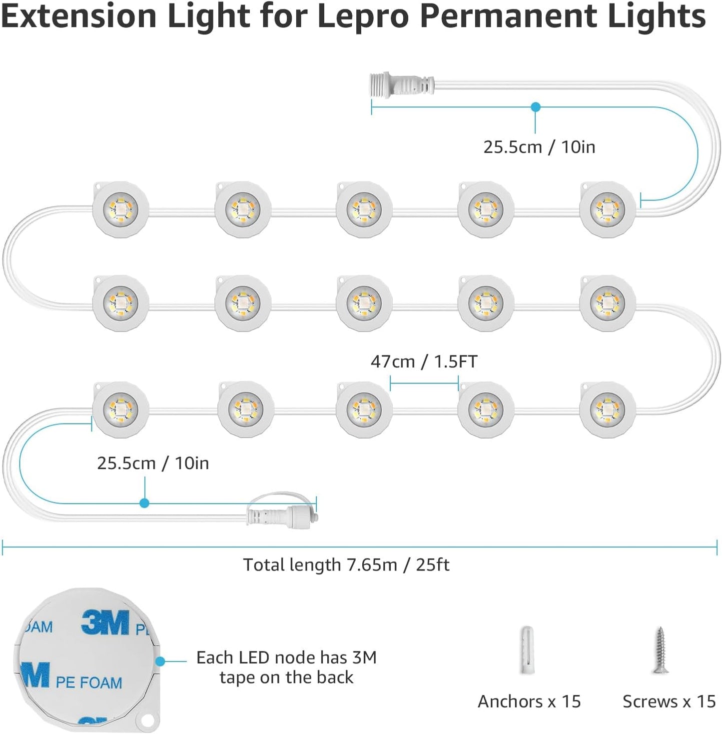 Lepro 7.5m/25ft E1 Permanent Outdoor Lights Accessories, Single Strand Without Adaptor and in-line Controller