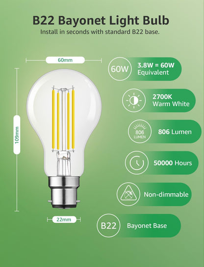 Lepro Vintage Bayonet Light Bulb, Ultra Efficient A-Rated B22 Bulb, 3.8W = 60W, 806lm, 2700K Warm White, 50000H Lifespan, Clear Filament, Glass, Non-dimmable, Pack of 2