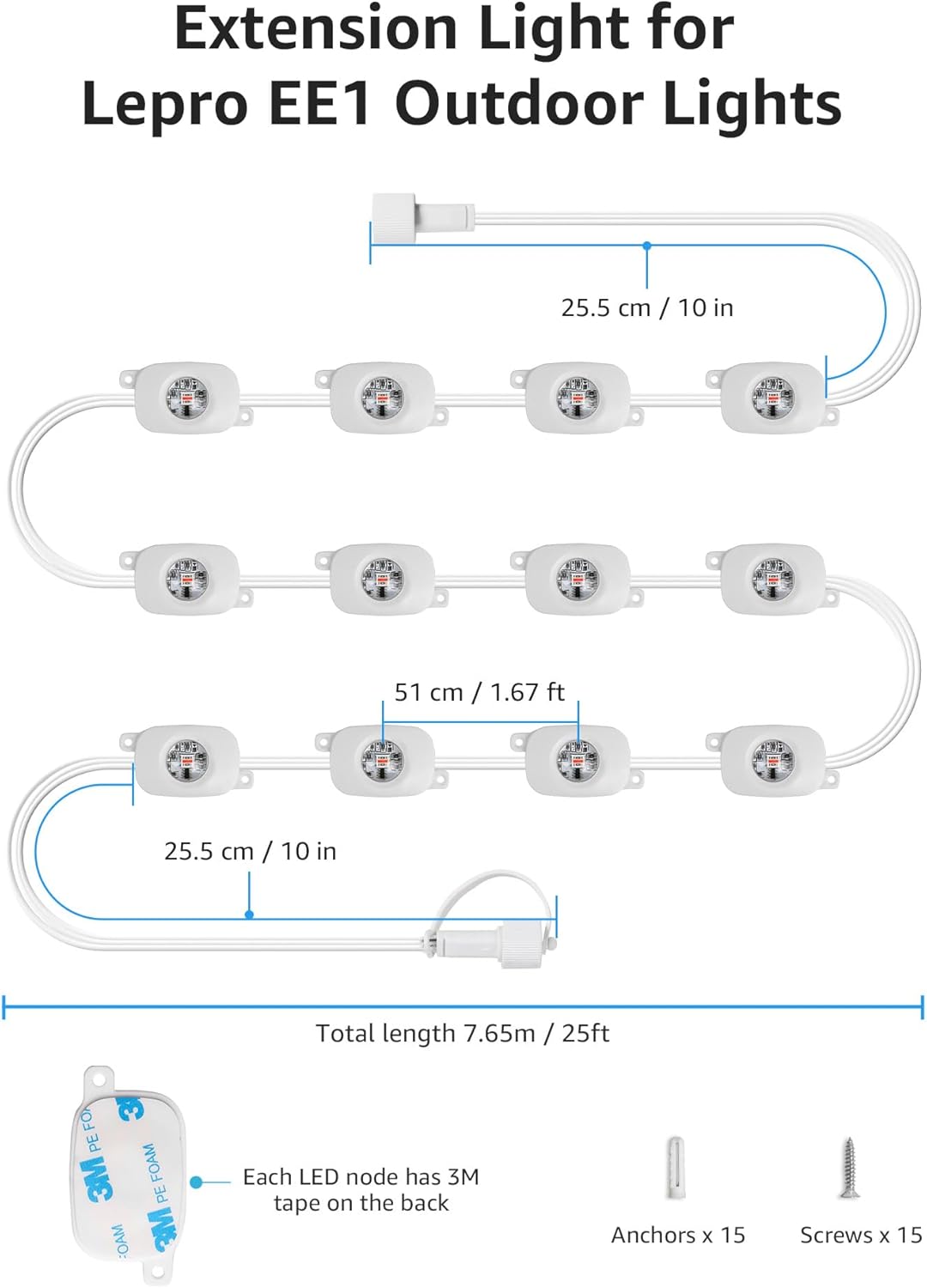 Lepro 7.5m/25ft EE1 Permanent Outdoor Lights Accessories, Single Strand Only