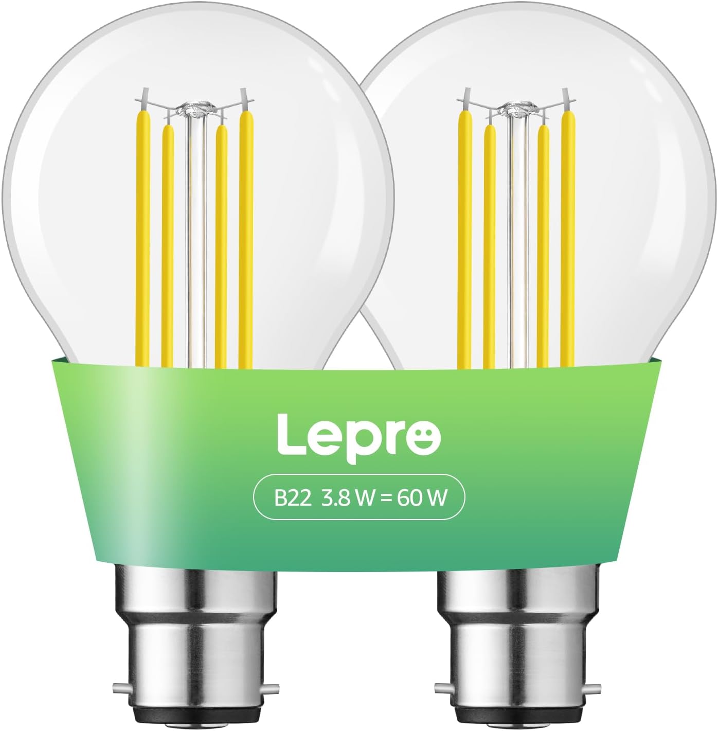 Lepro Vintage Bayonet Light Bulb, Ultra Efficient A-Rated B22 Bulb, 3.8W = 60W, 806lm, 2700K Warm White, 50000H Lifespan, Clear Filament, Glass, Non-dimmable, Pack of 2