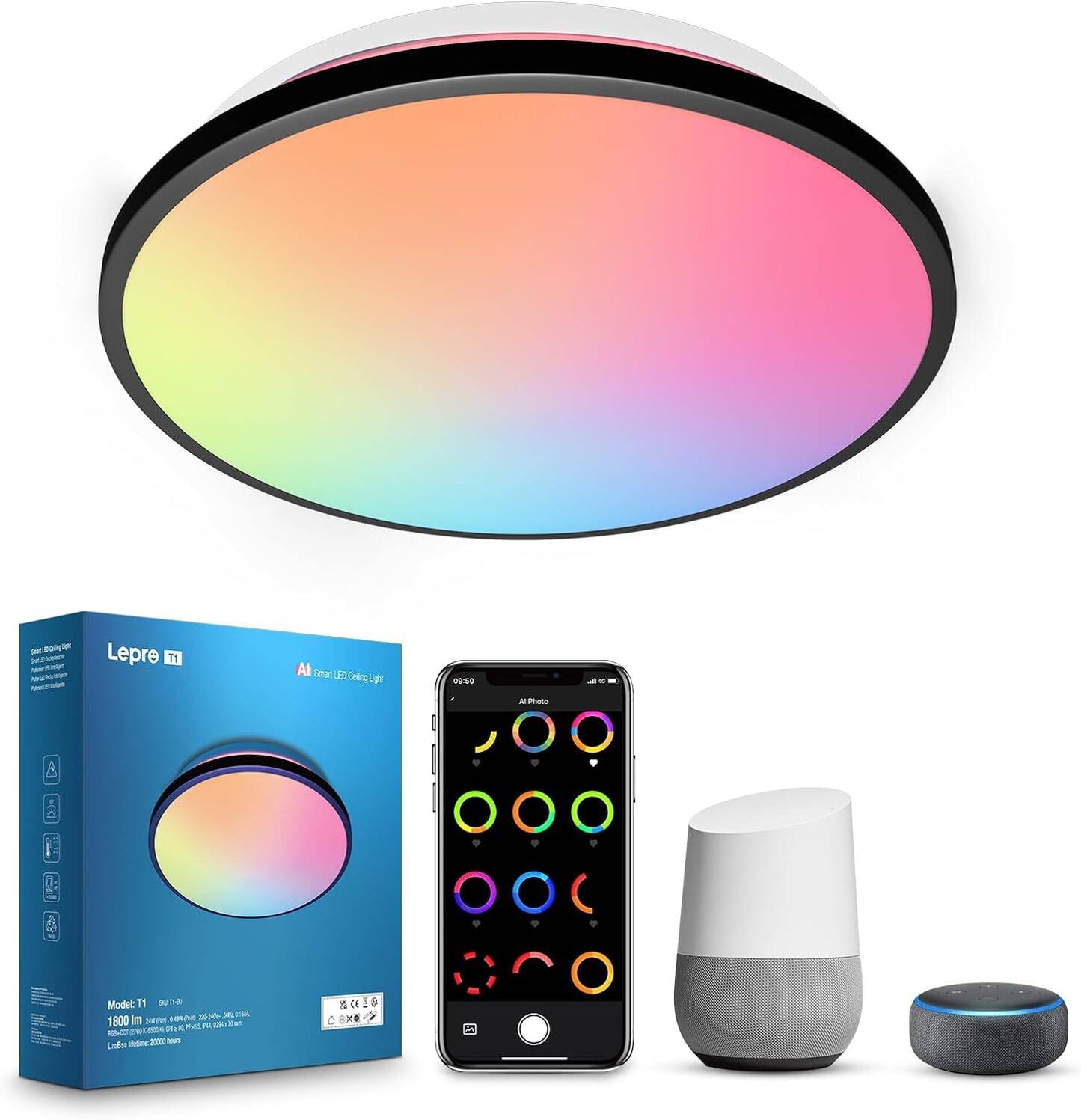 Lepro T1 AI Smart Ceiling Light 24W, Music Sync, AI Generated Lighting LLM, Voice Control, IP44 Waterproof Bathroom Light, Color Changing Ceiling Light WiFi, Work with Alexa Google Assistant, Ø29.4CM