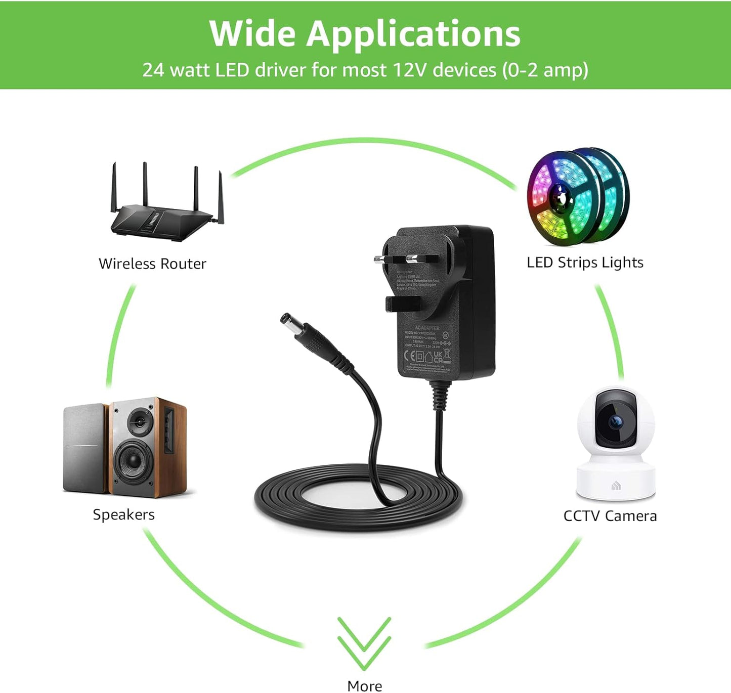 LE 12V 2A Power Supply for LED Strip Lights, AC 100-240V Mains to DC 12V Converter Adapter Driver Transformer, 24W UK Plug with 1.5M Cable, 5.5mm x 2.1mm Jack, GS TUV Approved