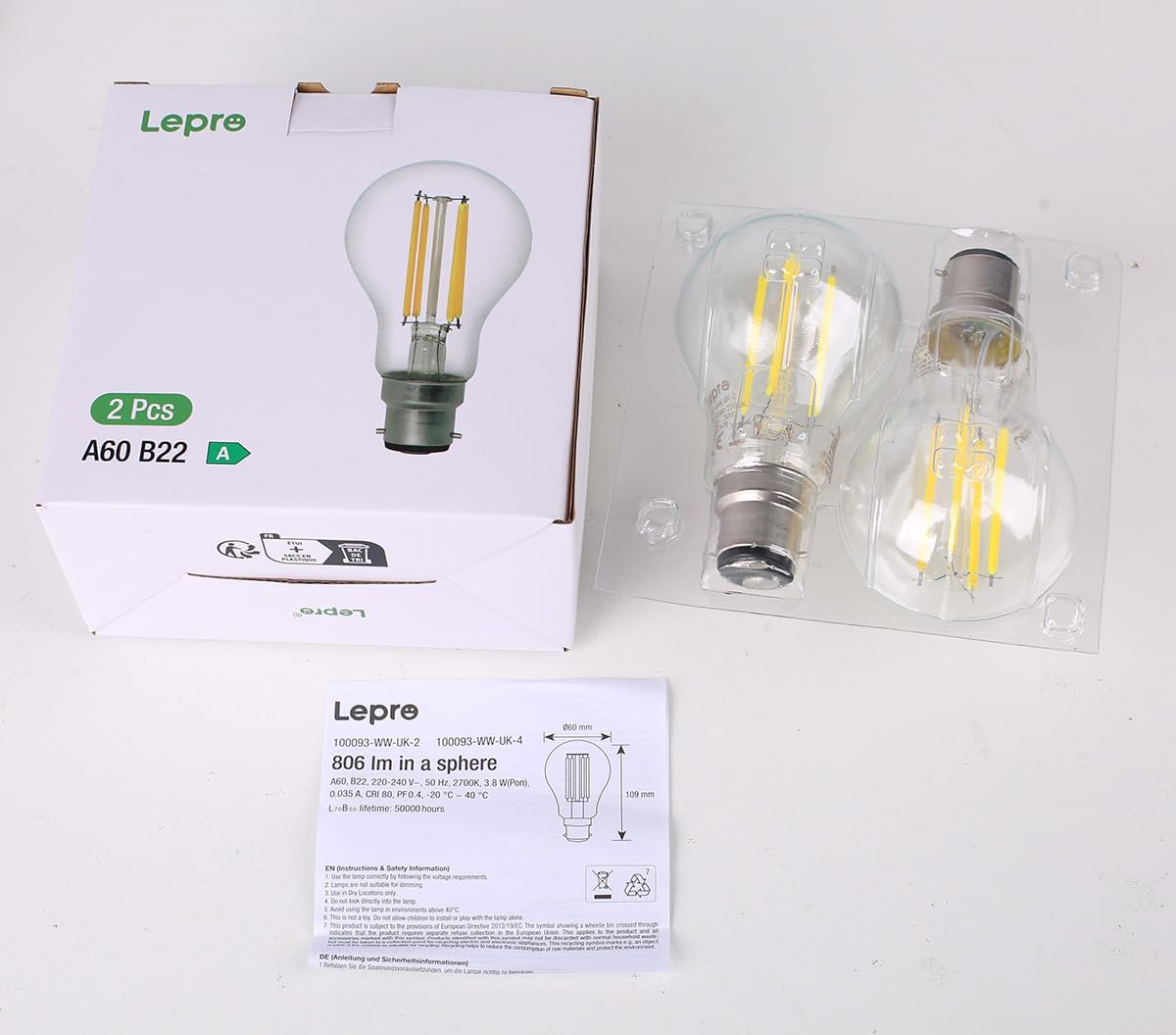 Lepro Vintage Bayonet Light Bulb, Ultra Efficient A-Rated B22 Bulb, 3.8W = 60W, 806lm, 2700K Warm White, 50000H Lifespan, Clear Filament, Glass, Non-dimmable, Pack of 2