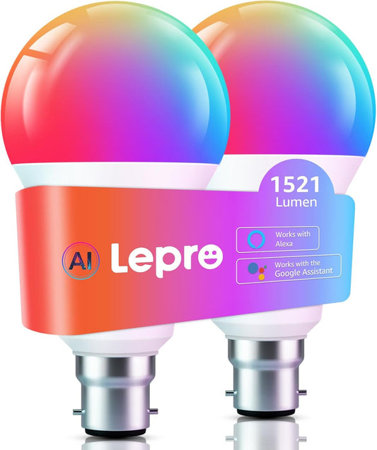 Lepro B22 AI Smart Bulb, 1521LM Smart Light Bulb, 12W, Schedule & Timer, Energy Saving, 16 Million Colors, Work with Alexa & Google Assistant, Personalized AI Lighting Designer, 2 Packs