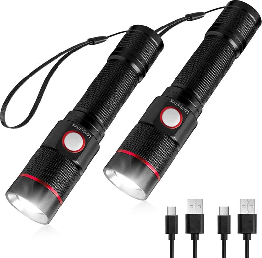 Lepro Rechargeable Torch, 2 Pack Super Bright LED Flashlight, 150m Beam, Long Battery Life, IPX4 Waterproof, 5 Modes, Adjustable Focus, Pocket Sized for Camping, Hiking, Power Cuts, Dog Walking