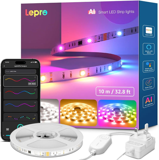 Lepro S2 AI Smart LED Strip Light 10M RGBW+IC, Works with Alexa, Google Assistant, Music Sync, 2400LM White Light, Personalized AI Lighting Designer, Zonal Colour Control LED Lights, App Voice Control