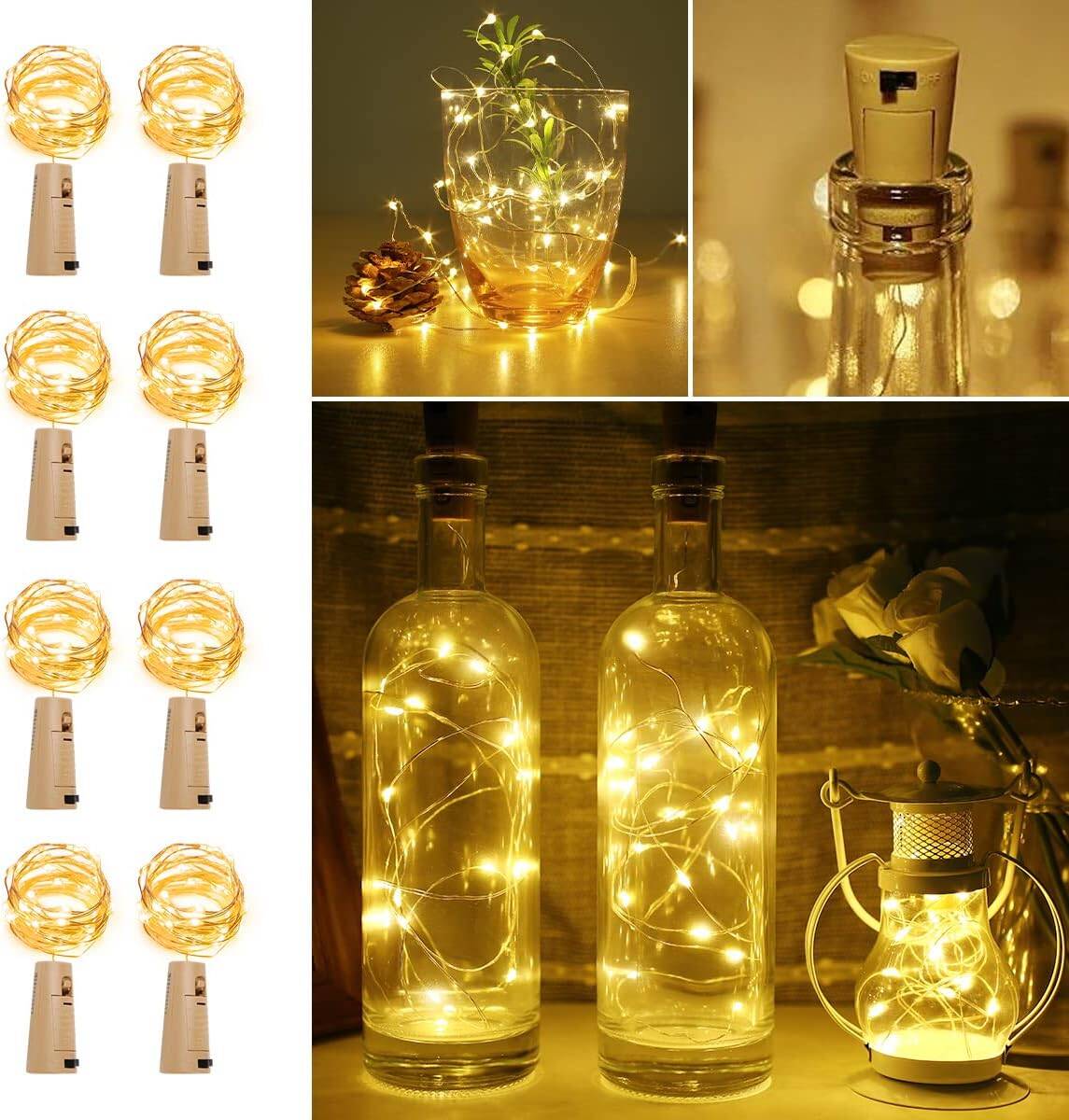 LE Bottle Lights, 2m 20 LED Bottle Lights with Cork, Warm White Fairy Lights Battery Operated, 8-Pack Cork Lights for Bottles, Christmas Decorations, DIY, Room Decor, Wedding, Birthday, Party, etc.