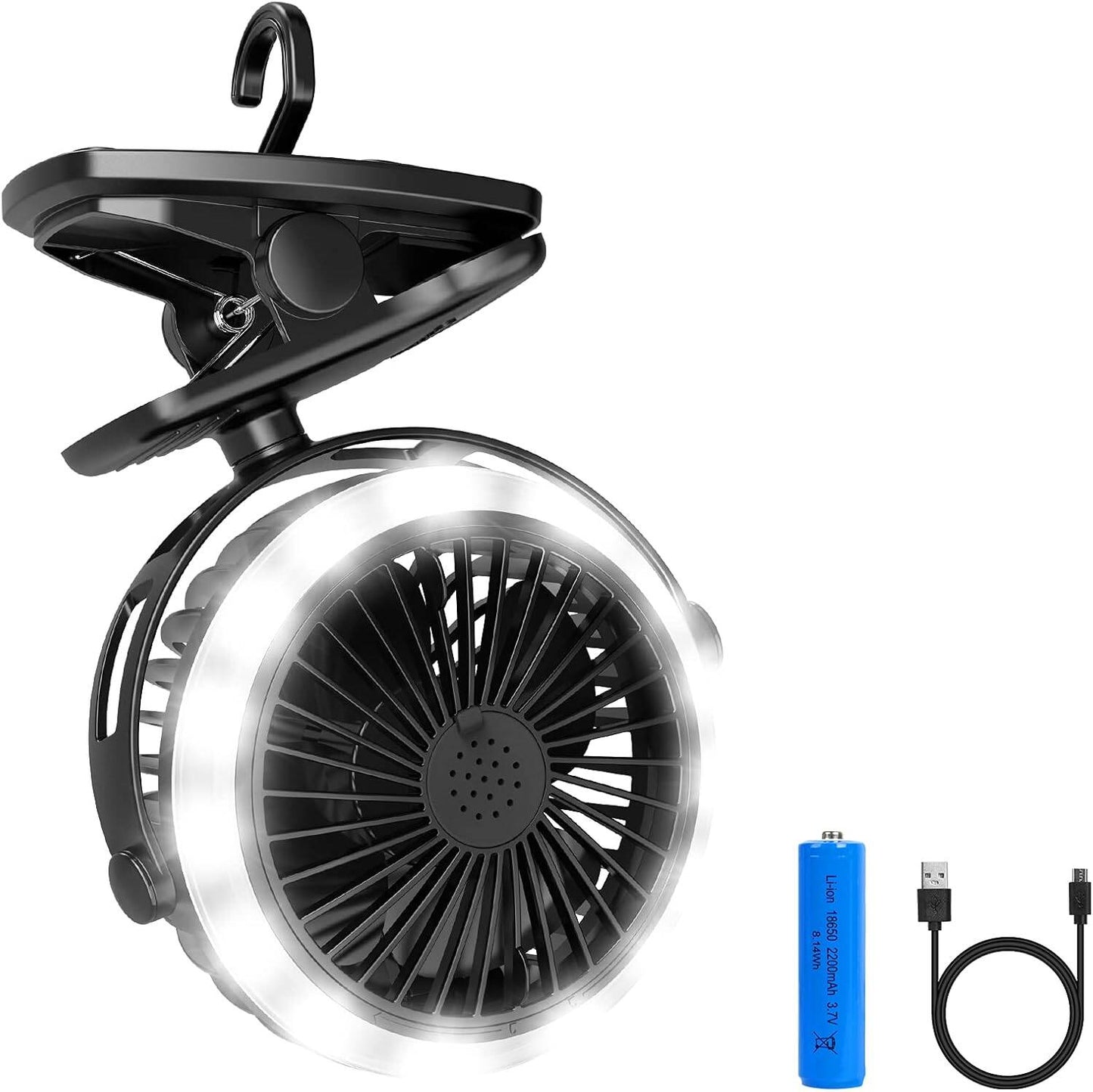Lepro Camping Fan for Tent, Rechargeable Camping Light with Fan and Hanging Hook, 6 Inch USB Desk Fan, Portable Clip on Fan with Light, 3 Speeds Adjustable Strong Wind, 360° Rotation Cooling Fan