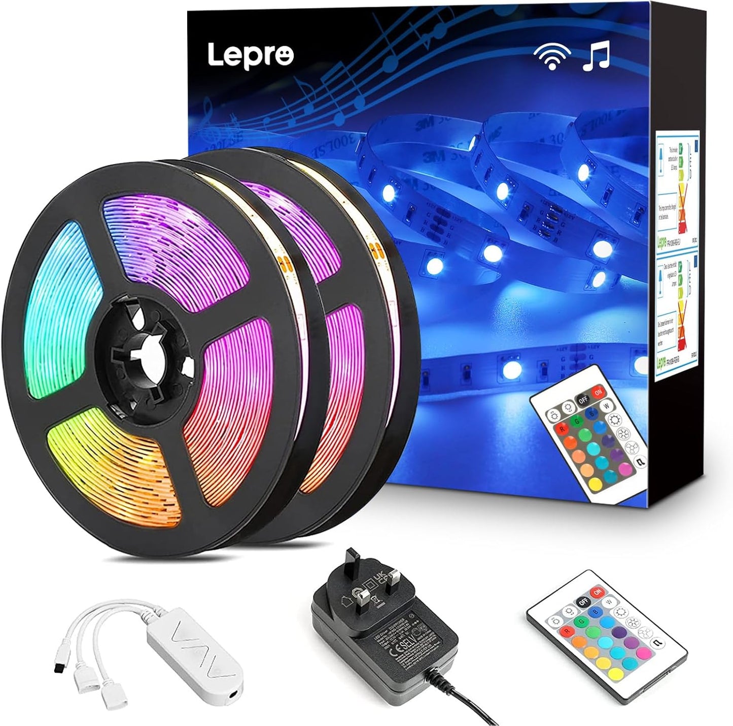 Lepro LED Strip Lights Music Sync 15M (2x7.5M), 5050 RGB Colour Changing LED Strip with Remote and Plug, Dimmable Stick on LED Lights for Bedroom, Kitchen, Party, Teen Girl Kids Room Decor