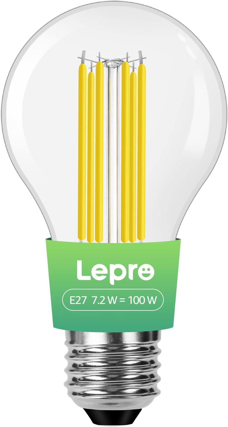 Lepro E27 Screw Bulb Vintage, Ultra Efficient A-Rated GLS Bulb, 7.2W = 100W, 1521lm, 2700K Warm White, 50000H Lifespan, Clear Filament, Glass, Non-dimmable