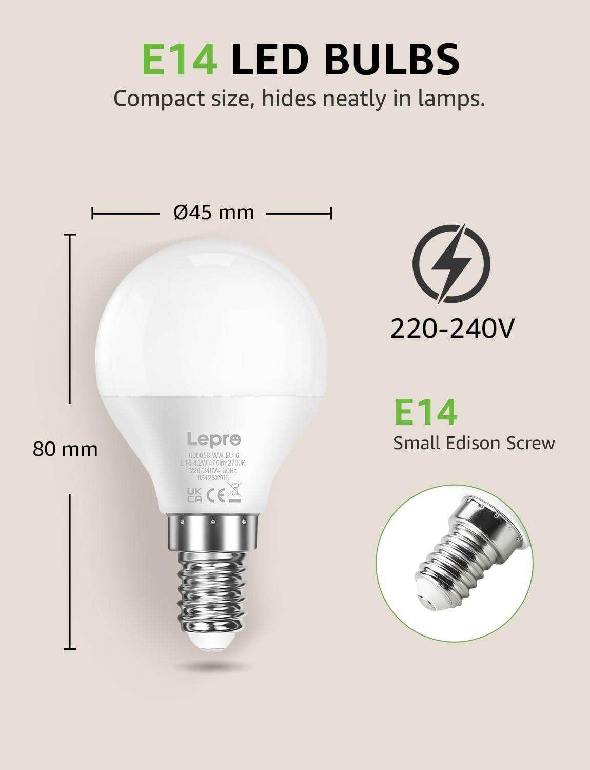 Lepro E14 LED Light Bulb, Small Screw Light Bulb, 4.9W 470lm, 40W Equivalent SES E14 Bulb, Warm White 2700K E14 Golf Ball Bulb, Energy Saving LED P45 Bulb, 220-240V, Non-Dimmable, Pack of 6