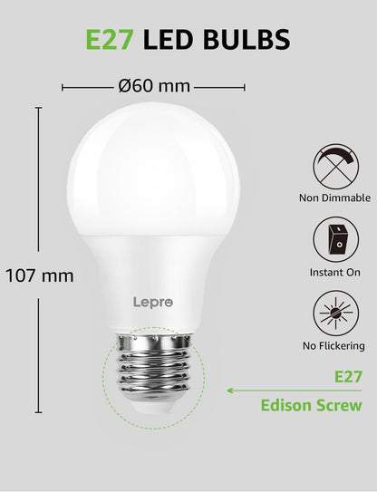 Lepro E27 Screw Bulb, Cool White 6500K, 60W Equivalent E27 LED Bulb, 8.5W 806lm Edison Screw Bulb, GLS Energy Saving E27 LED Light Bulbs, Non-dimmable, Pack of 6