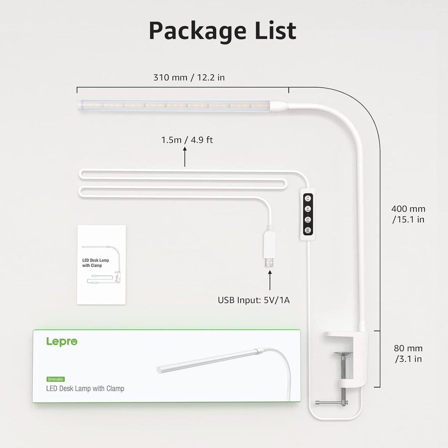 Lepro Desk Lamp Clamp, LED Desk Lamp Eye Caring Dimmable, 5W 460lm, 10 Brightness Levels x 3 Colour Modes, USB Powered Clip on Desk Light for Reading, Office, Crafts, Nails, Bedside, Back to School