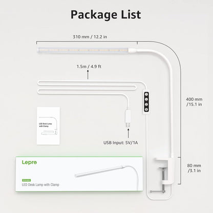 Lepro Desk Lamp Clamp, LED Desk Lamp Eye Caring Dimmable, 5W 460lm, 10 Brightness Levels x 3 Colour Modes, USB Powered Clip on Desk Light for Reading, Office, Crafts, Nails, Bedside, Back to School