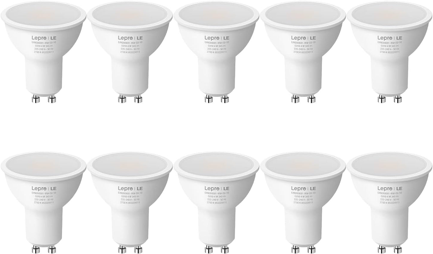 Lepro GU10 LED Bulbs, Warm White 2700K, 4W 345lm, 50W Halogen Spotlight Bulb Equivalent, Energy Saving GU10 LED Light Bulbs, 100° Wide Beam, Non-dimmable, Pack of 10