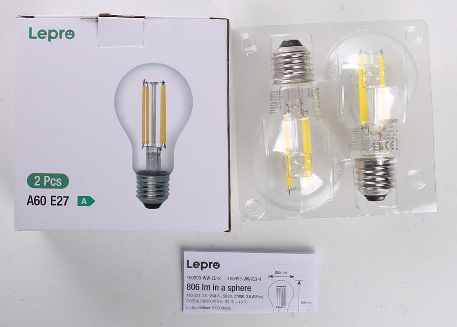 Lepro E27 Vintage Light Bulbs, Ultra Efficient A-Rated GLS Bulb, 3.8W = 60W, 806lm, 2700K Warm White, 50000H Lifespan, Clear Filament, Glass, Non-dimmable, Pack of 2