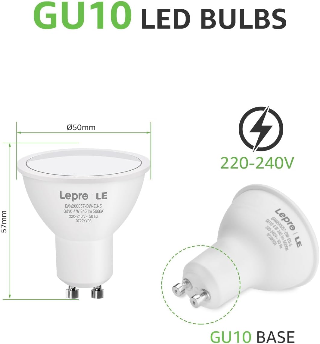 Lepro GU10 LED Bulbs, Cool White 5000K, 4W 345lm Energy Saving Light Bulbs, 50W Halogen Spotlight Equivalent, 100° Beam Angle, Daylight White, AC 220V-240V, Non-dimmable, Pack of 5