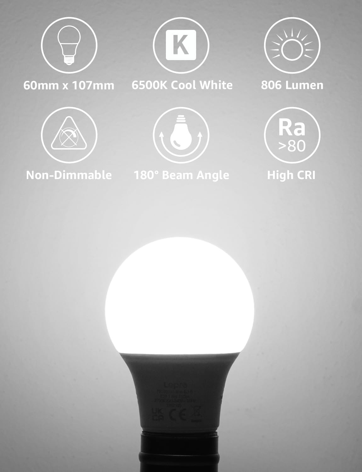 Lepro E27 Screw Bulb, Cool White 6500K, 60W Equivalent E27 LED Bulb, 8.5W 806lm Edison Screw Bulb, GLS Energy Saving E27 LED Light Bulbs, Non-dimmable, Pack of 6