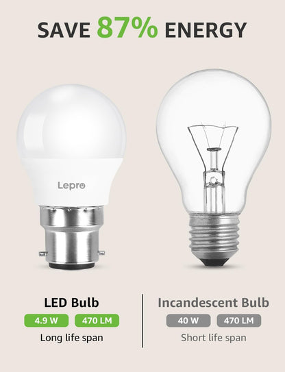 Lepro Bayonet Light Bulbs, 40W Equivalent, Warm White 2700K, 4.9W 470lm B22 LED Bulb, G45 Golf Ball Energy Saving Lightbulbs, 180° Wide Beam, Non-dimmable, Pack of 6