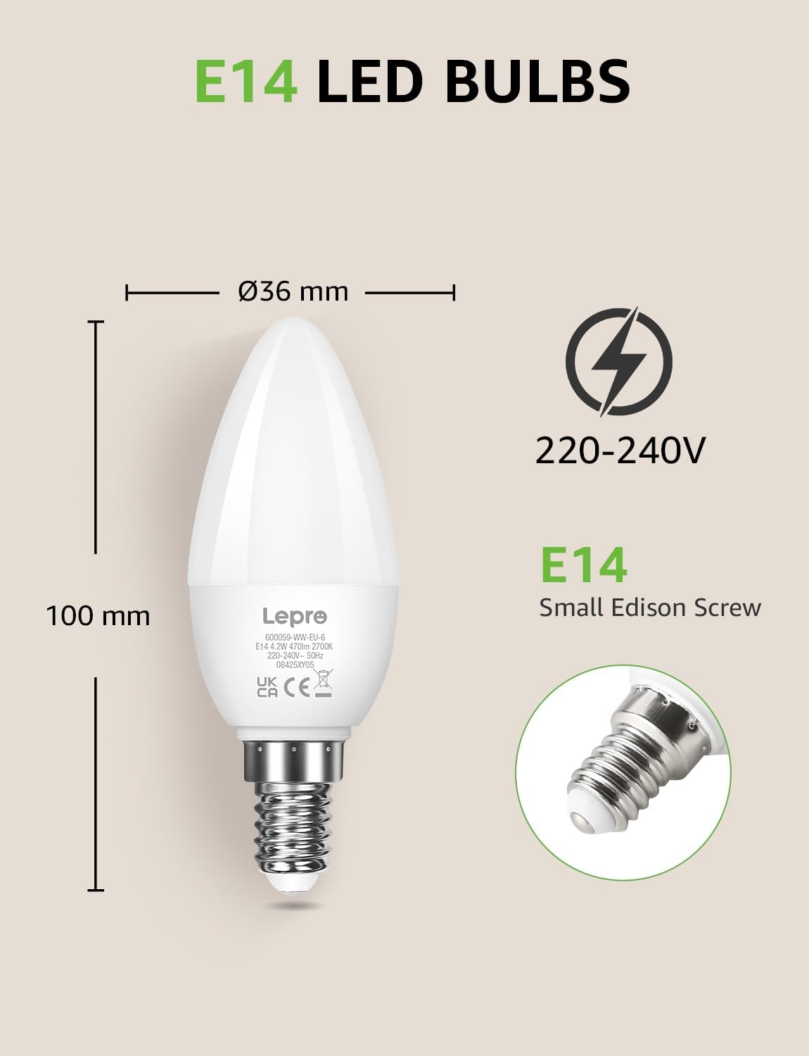 Lepro E14 LED Light Bulb, Small Edison Screw SES Candle Bulbs, 4.9W 470lm, 40W Equivalent E14 Bulb, Warm White 2700K E14 LED Bulb, Energy Saving Candle Light Bulbs, Non-dimmable, Pack of 6