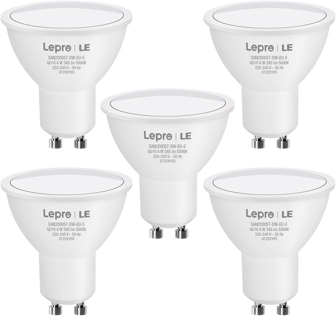 Lepro GU10 LED Bulbs, Cool White 5000K, 4W 345lm Energy Saving Light Bulbs, 50W Halogen Spotlight Equivalent, 100° Beam Angle, Daylight White, AC 220V-240V, Non-dimmable, Pack of 5