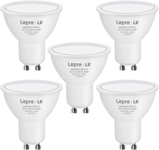 Lepro GU10 LED Bulbs, Cool White 5000K, 4W 345lm Energy Saving Light Bulbs, 50W Halogen Spotlight Equivalent, 100° Beam Angle, Daylight White, AC 220V-240V, Non-dimmable, Pack of 5