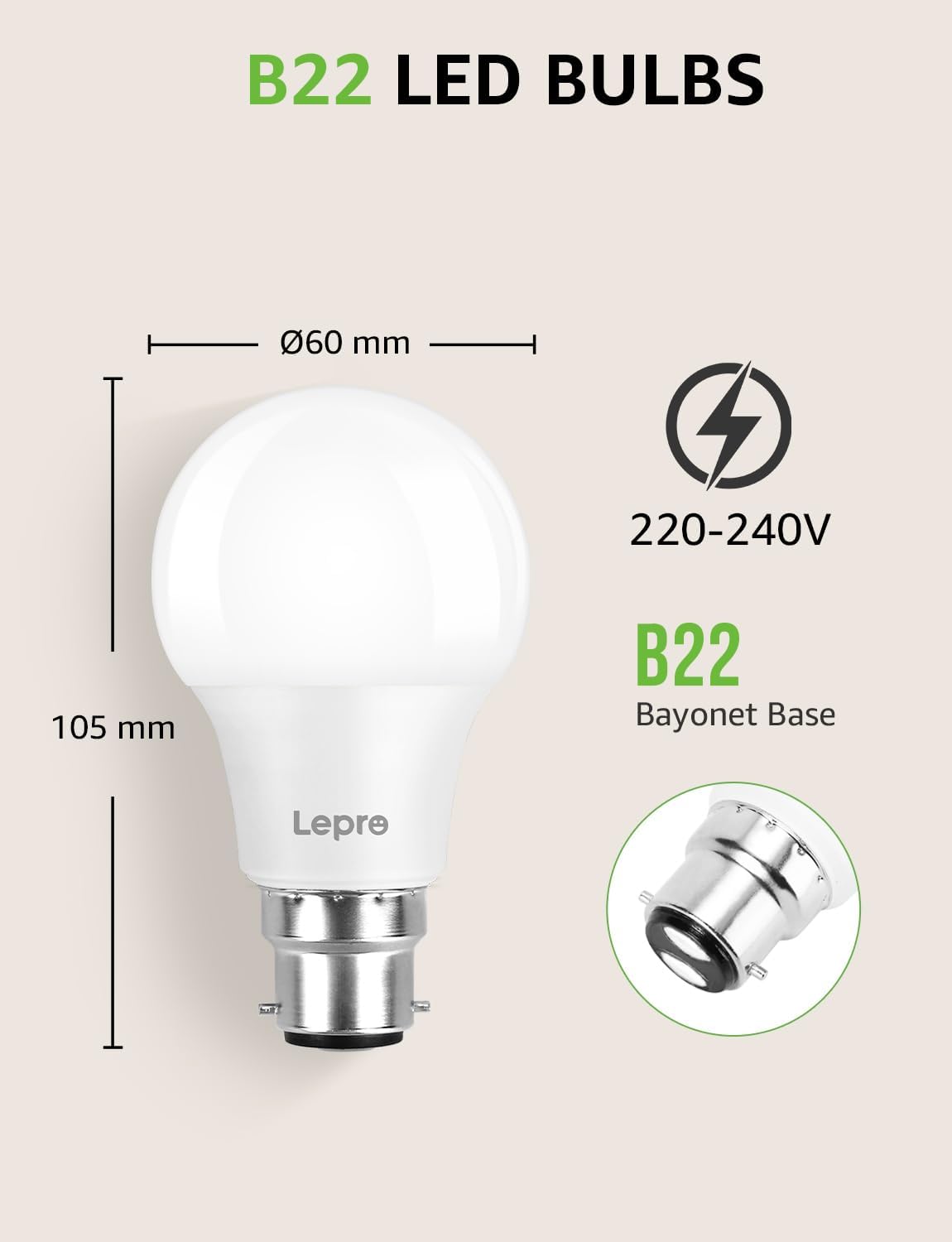 Lepro Bayonet Light Bulb, 60W Equivalent, Warm White 2700K, 8.5W 806lm B22 LED Bulb, BC A60 GLS Energy Saving Lightbulbs, Non-dimmable, Pack of 3