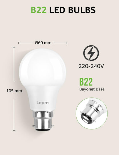 Lepro Bayonet Light Bulb, 60W Equivalent, Warm White 2700K, 8.5W 806lm B22 LED Bulb, BC A60 GLS Energy Saving Lightbulbs, Non-dimmable, Pack of 6