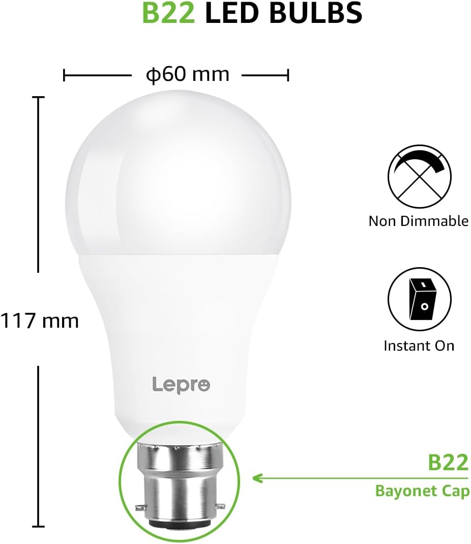 Lepro Bayonet Light Bulbs 100W Equivalent, Warm White 2700K, 13W 1520lm Super Bright LED Bayonet Bulb, B22 LED Bulbs, BC GLS Energy Saving Lightbulbs Bayonet, Non-dimmable, Pack of 12