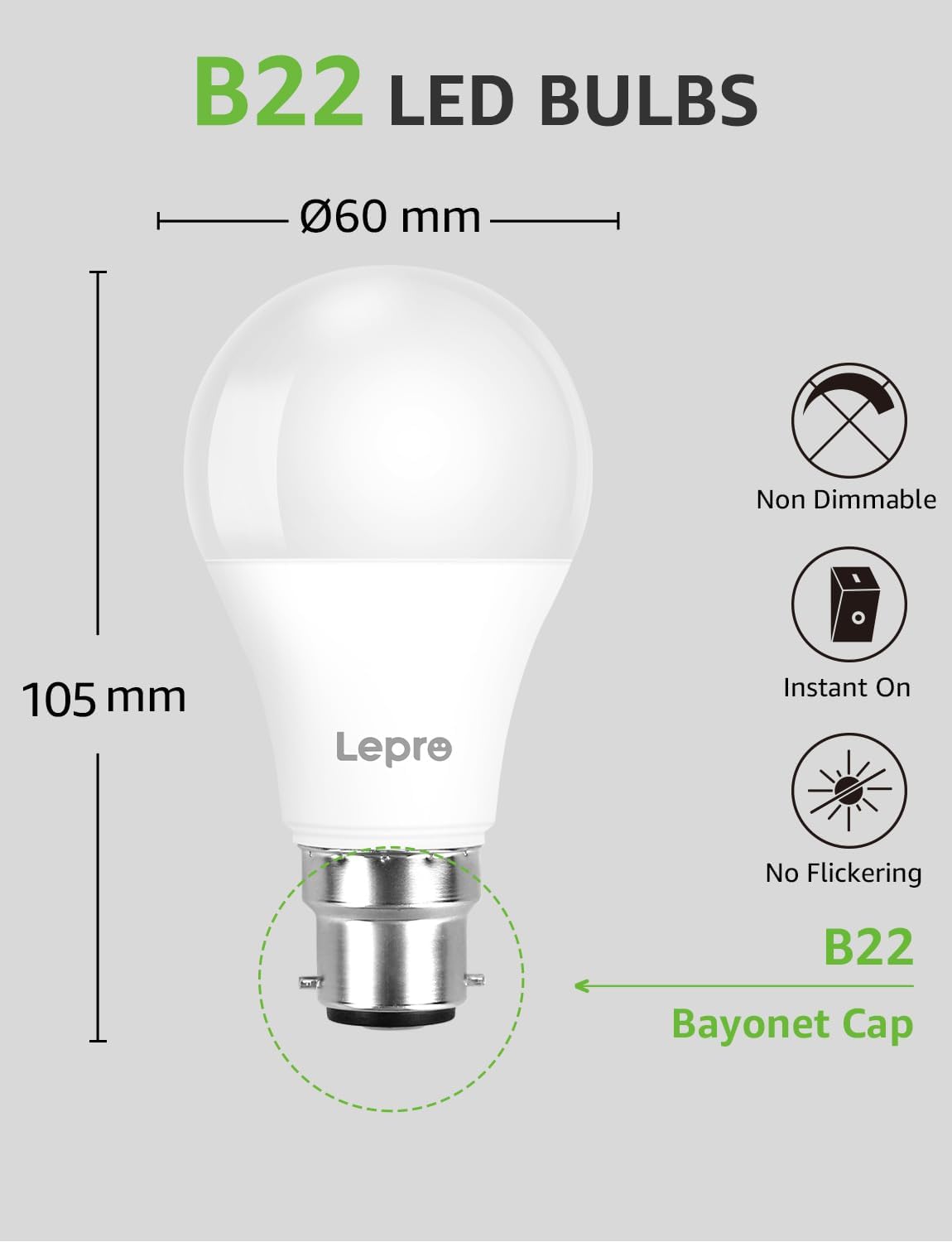 Lepro Bayonet Light Bulb, Cool White 6500K, 60W Equivalent, 8.5W 806LM B22 LED Bulb Daylight White, Energy Saving Light Bulbs Bayonet, Non-dimmable, Pack of 6
