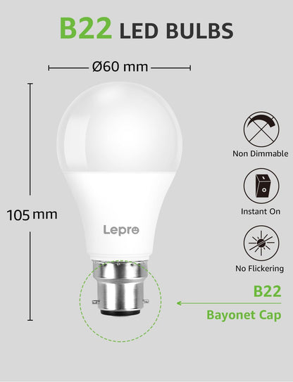 Lepro Bayonet Light Bulb, Cool White 6500K, 60W Equivalent, 8.5W 806LM B22 LED Bulb Daylight White, Energy Saving Light Bulbs Bayonet, Non-dimmable, Pack of 6