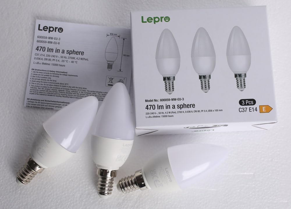 Lepro E14 LED Light Bulb, Small Edison Screw SES Candle Bulbs, 4.9W 470lm, 40W Equivalent E14 Bulb, Warm White 2700K E14 LED Bulb, Energy Saving Candle Light Bulbs, Non-dimmable, Pack of 3