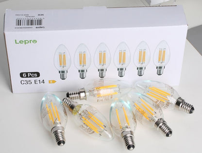 Lepro E14 LED Light Bulb, LED Candle Bulbs Small Screw, 4W 470lm, 40W Equivalent SES E14 Bulb Vintage, Warm White 2700K C35 LED Bulbs, 360° Beam Angle, Clear Filament, Non Dimmable, Pack of 6