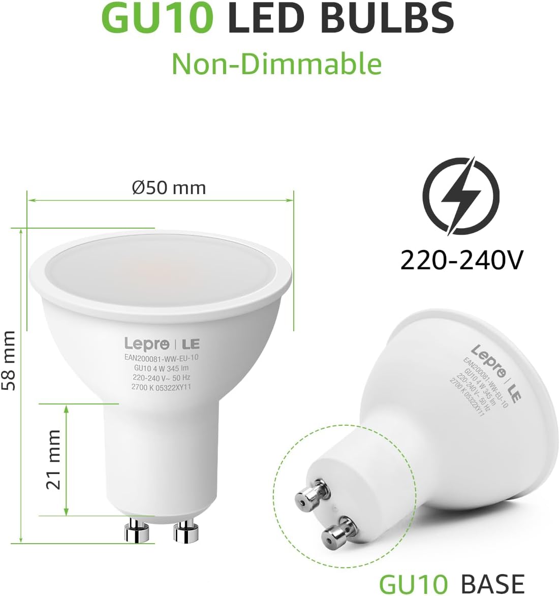 Lepro GU10 LED Bulbs, Warm White 2700K, 4W 345lm, 50W Halogen Spotlight Bulb Equivalent, Energy Saving GU10 LED Light Bulbs, 100° Wide Beam, Non-dimmable, Pack of 10