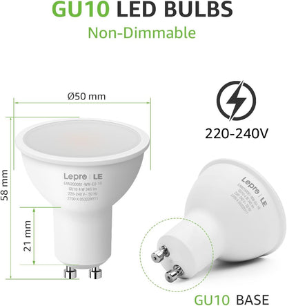 Lepro GU10 LED Bulbs, Warm White 2700K, 4W 345lm, 50W Halogen Spotlight Bulb Equivalent, Energy Saving GU10 LED Light Bulbs, 100° Wide Beam, Non-dimmable, Pack of 10