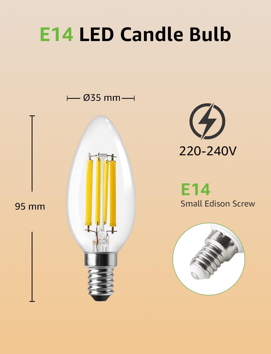 Lepro E14 LED Candle Bulb, Ultra Efficient A-Rated, 2.2W = 40W, 470lm, Warm White 2700K, 50000H Lifespan, SES Small Edison Screw, Clear Glass Vintage Filament Bulb, Pack of 2