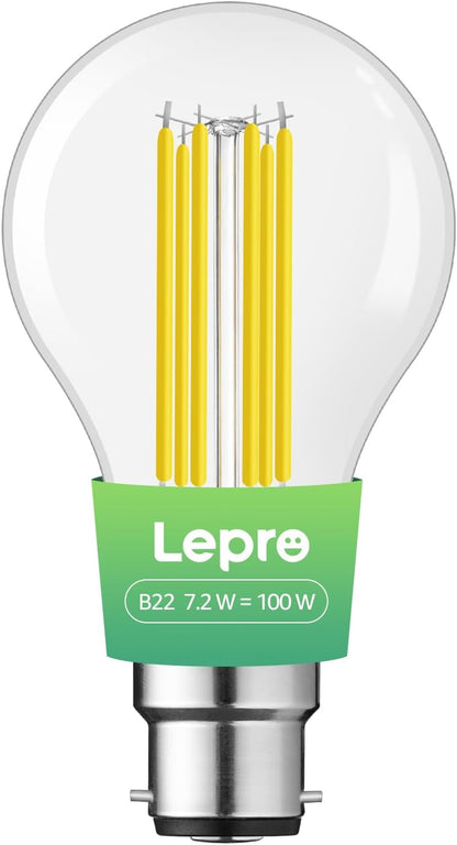 Lepro LED Light Bulbs Bayonet, Ultra Efficient A-Rated B22 Bulb, 7.2W = 100W, 1521lm, 2700K Warm White, 50000H Lifespan, Clear Filament, Glass, Non-dimmable