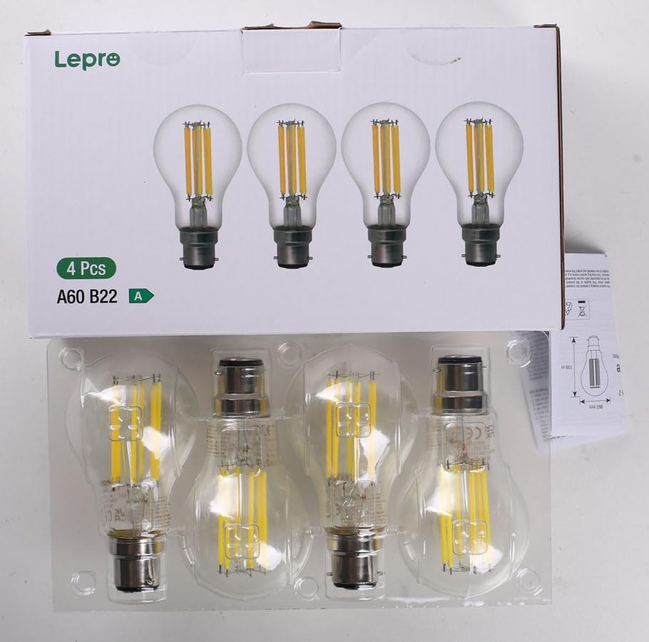 Lepro LED Light Bulbs Bayonet, Ultra Efficient A-Rated B22 Bulb, 7.2W = 100W, 1521lm, 2700K Warm White, 50000H Lifespan, Clear Filament, Glass,Non-dimmable, Pack of 4