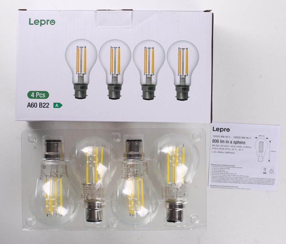 Lepro Vintage Bayonet Light Bulb, Ultra Efficient A-Rated B22 Bulb, 3.8W = 60W, 806lm, 2700K Warm White, 50000H Lifespan, Clear Filament, Glass, Non-dimmable, Pack of 4
