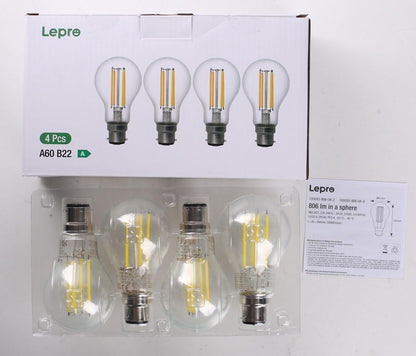 Lepro Vintage Bayonet Light Bulb, Ultra Efficient A-Rated B22 Bulb, 3.8W = 60W, 806lm, 2700K Warm White, 50000H Lifespan, Clear Filament, Glass, Non-dimmable, Pack of 4