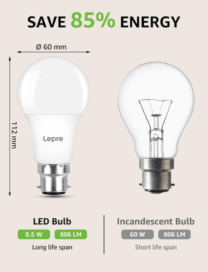 Lepro Dimmable Bayonet Light Bulb, 60W Equivalent, Warm White 2700K, 8.5W 806lm Light Bulbs Bayonet, BC A60 GLS Energy Saving B22 LED Bulb, Pack of 6