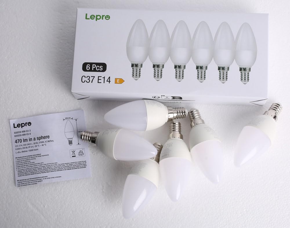 Lepro E14 LED Light Bulb, Small Edison Screw SES Candle Bulbs, 4.9W 470lm, 40W Equivalent E14 Bulb, Warm White 2700K E14 LED Bulb, Energy Saving Candle Light Bulbs, Non-dimmable, Pack of 6