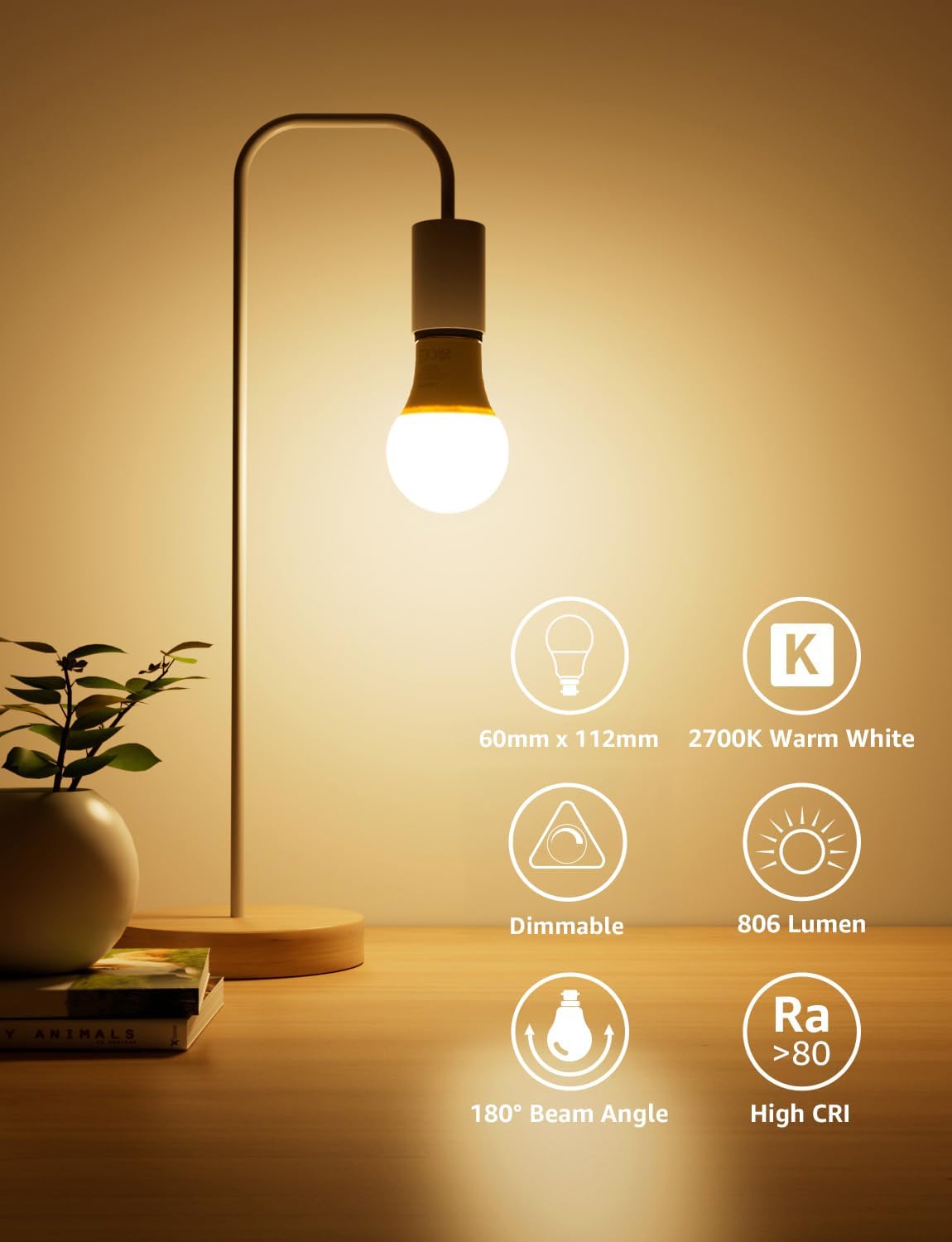 Lepro Dimmable Bayonet Light Bulb, 60W Equivalent, Warm White 2700K, 8.5W 806lm Light Bulbs Bayonet, BC A60 GLS Energy Saving B22 LED Bulb, Pack of 6