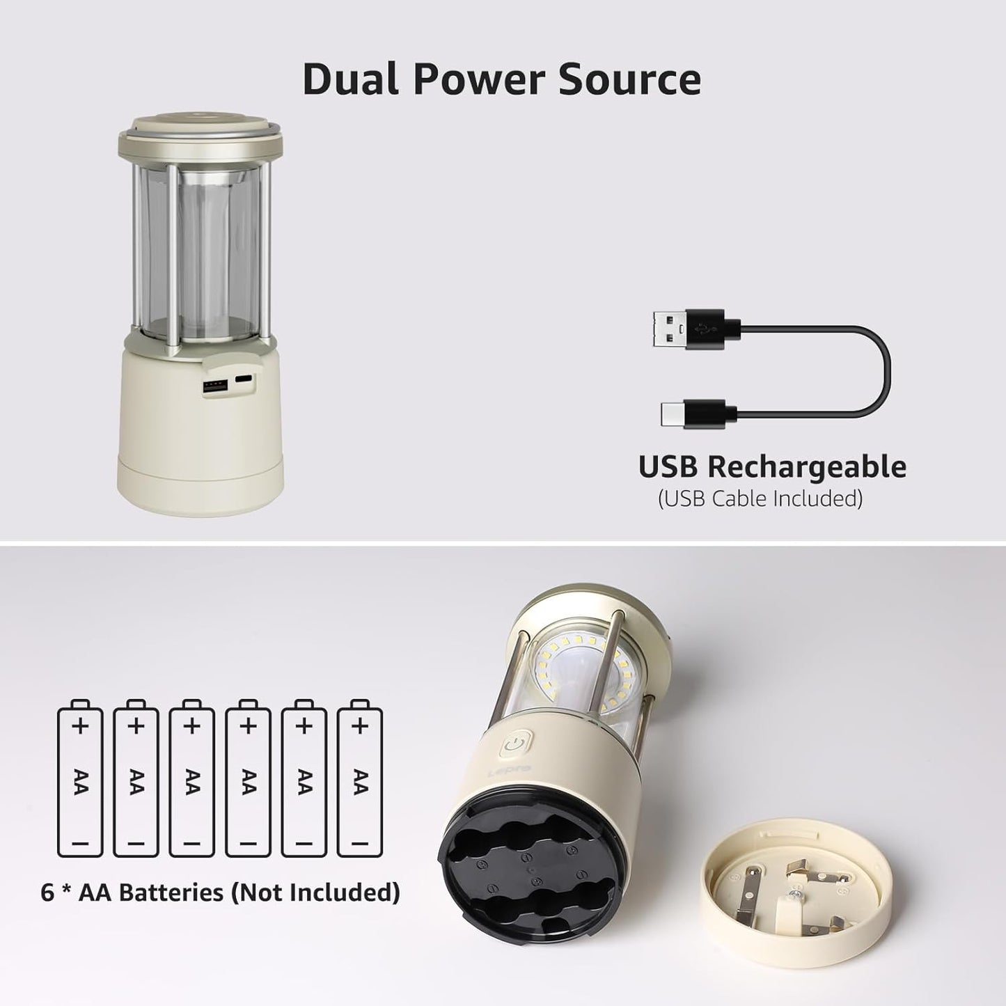 Lepro White Camping Lantern, 2000 Lumen Camping Light Reachargeable or AA Battery Powered, Dimmable 5 Modes, Warm White & Cool Light, Rechargeable Lantern for Power Cuts, Tents, Fishing, Storm, Emergency