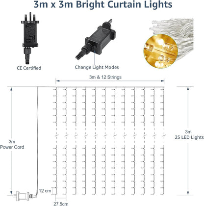 Lepro Curtain Lights Plug in, 3m x 3m 300 LED Warm White Curtain Fairy Lights, 8 Modes Fairy Lights Curtain Mains Powered for Birthday Decorations, Weeding, Party, Garden, Gazebo, Bedroom, Wall