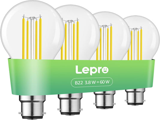 Lepro Vintage Bayonet Light Bulb, Ultra Efficient A-Rated B22 Bulb, 3.8W = 60W, 806lm, 2700K Warm White, 50000H Lifespan, Clear Filament, Glass, Non-dimmable, Pack of 4