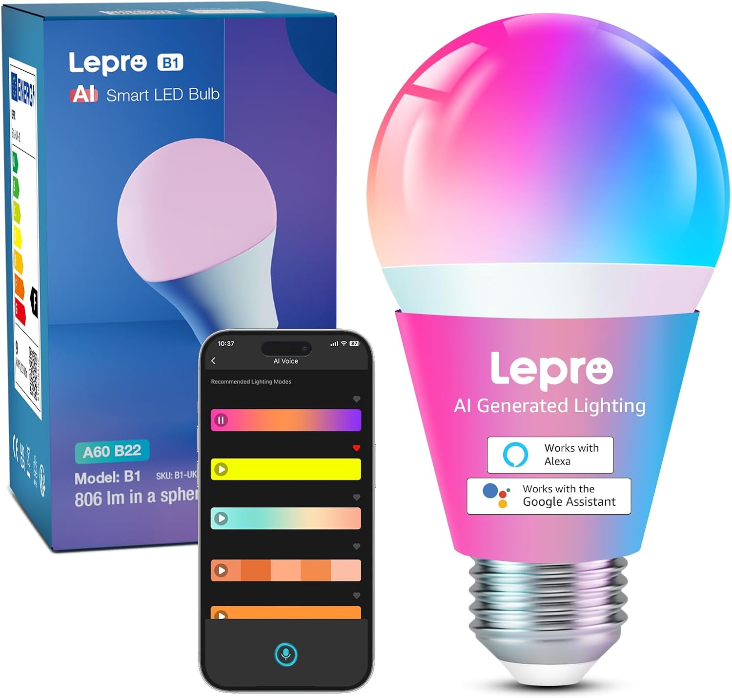 Lepro B1 AI Smart Bulb E27, Music Sync Bluetooth & WiFi Bulb, Voice Control Smart Screw Bulb, AI Lighting Design Assistant, Colour Changing Light Bulbs, RGBCCT, Work with Alexa & Google Assistant