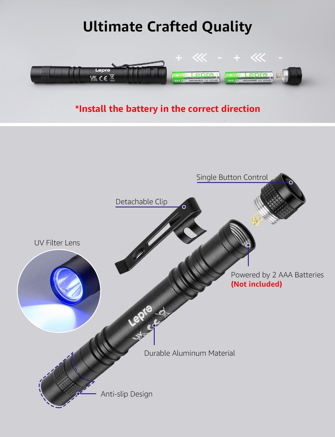 Lepro 365nm UV Torch, Ultraviolet Flashlight, Pen Torch with Clip, High UV Purity, Small Ultraviolet Light Powered by 2 AAA Batteries (Not Included), Black Light Detector for Pet Urine,Invisible Stain