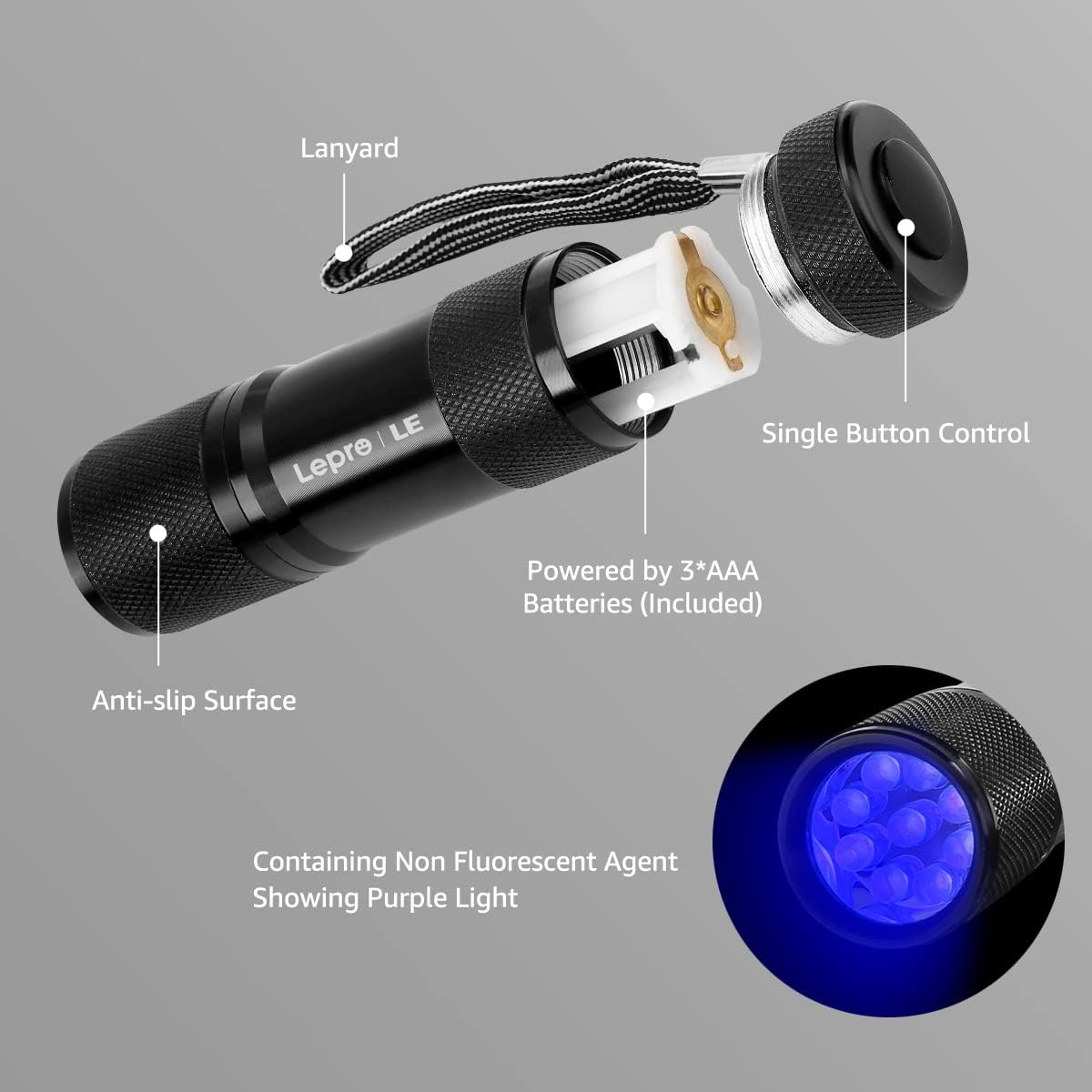 Lepro LE UV Torch, 9 LED 395nm Ultraviolet Flashlight, Blacklight Detector for Pet Urine, Stain, Bed Bugs and More, 3 AAA Batteries Included